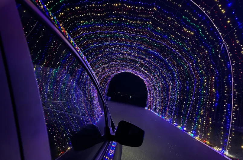 Window View of Lights Tunnel at Winter Wonderland in Portland, OR